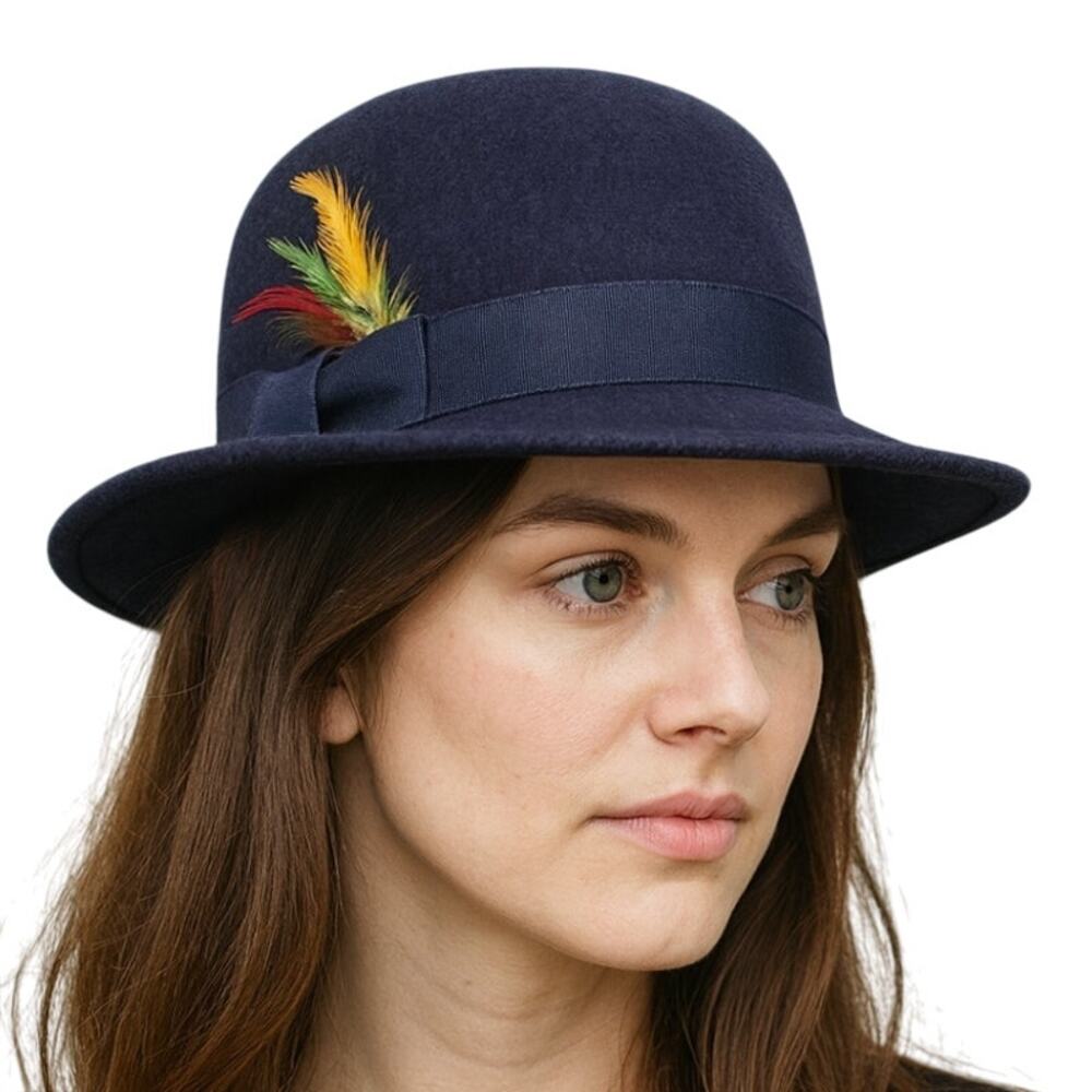 Vintage Imperial Wool Fedora Hat Navy Blue Feather Accent Classic Style Timeless